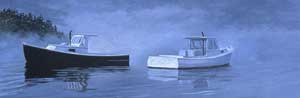 Black & White Lobster Boats II, oils, 15" x 45", 2002, priv coll